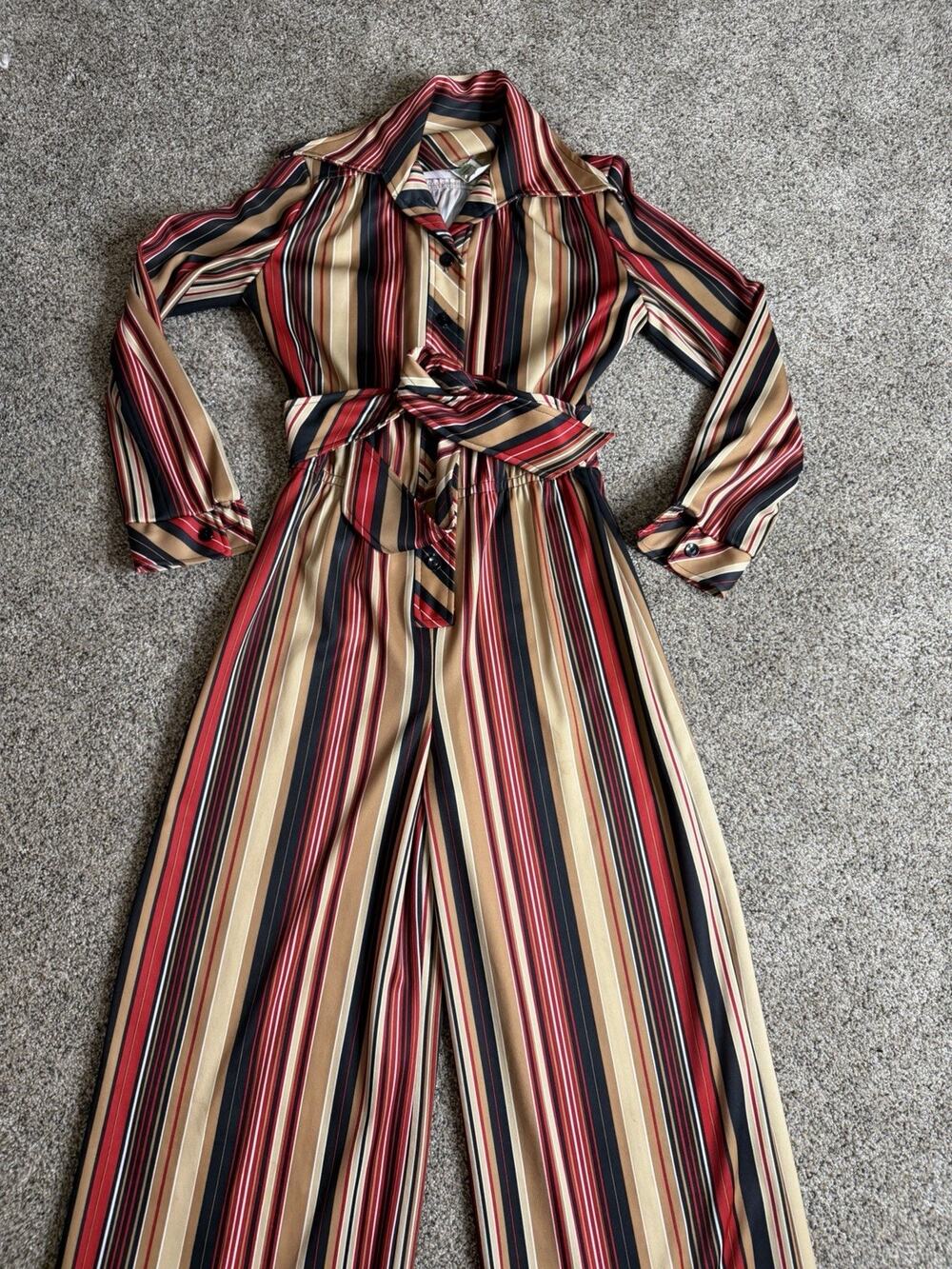 VTG 70s Jumpsuit Hippie Button Front Wide Leg Striped Brown Red Disco Size 10